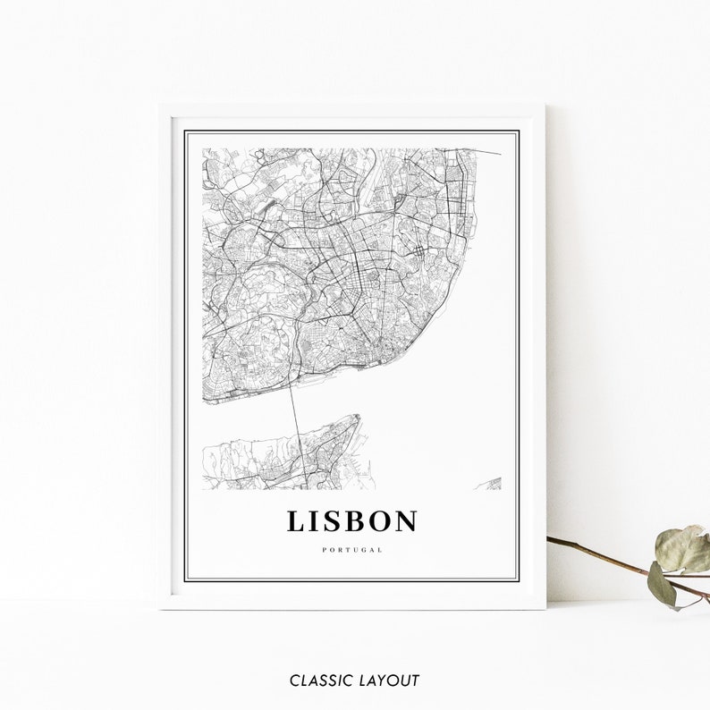 May include: Black and white map print of Lisbon, Portugal. The map shows the city's streets and landmarks. The text "LISBON" and "PORTUGAL" is printed below the map.