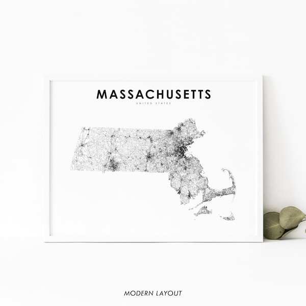 Massachusetts Map Print, State Road Map Print, MA USA United States Map Art Poster, Nursery Room Wall Office Decor, Printable Map