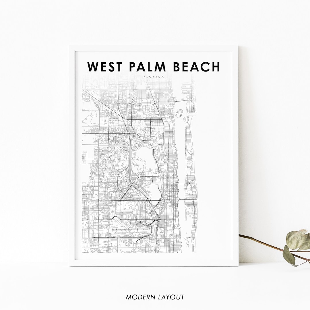 West Palm Beach FL Map Print, Florida USA Map Art Poster, City Street ...