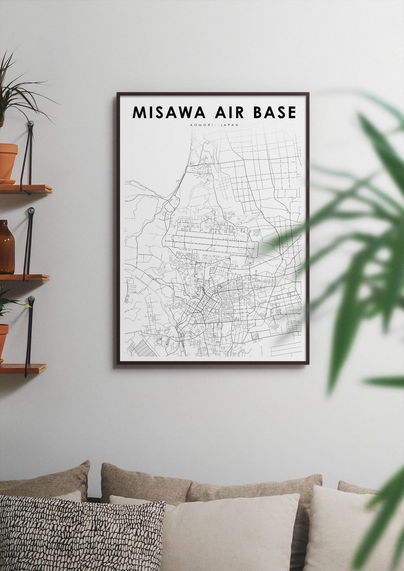 三沢空軍基地日本地図プリント、航空自衛隊青森県空軍地図アート