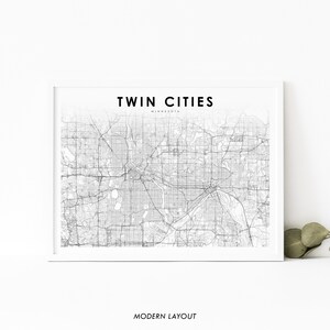 Impressão de mapa de Twin Cities MN, pôster de arte de mapa de Minnesota EUA, Minneapolis Saint Paul, impressão de mapa de estradas de rua da cidade, decoração de parede de escritório de berçário