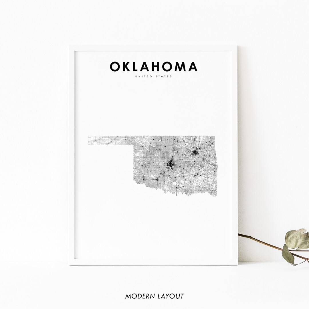 Oklahoma Map Print, State Road Map Print, OK USA United States Map Art ...