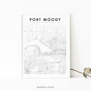 Port Moody BC Mapa Impresión, Columbia Británica Canadá Mapa Arte Cartel, Impresión de mapa de carreteras de la calle de la ciudad, Decoración de la oficina de la pared de la guardería, Mapa imprimible