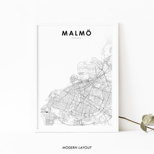 May include: A black and white line art map of Malmö, Sweden. The map shows the city's streets and landmarks. The text "MALMÖ" and "SWEDEN" is printed above the map. The text "MODERN LAYOUT" is printed below the map.