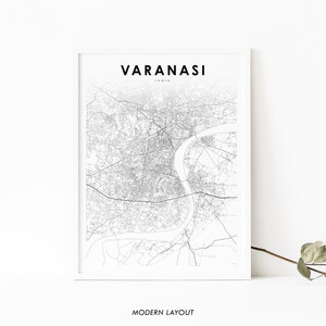May include: A black and white map of Varanasi, India, with the city name and "Modern Layout" text at the bottom.