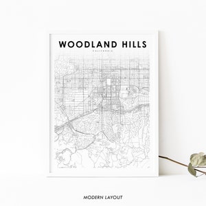 Woodland Hills CA kaart afdrukken, Californië USA kaart Art Poster, Los Angeles City Street kaart afdrukken, kinderkamer kantoor muur Decor, afdrukbare kaart