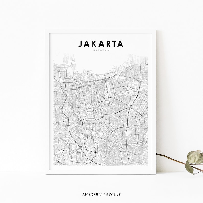 May include: A black and white map of Jakarta, Indonesia, with the city name and "MODERN LAYOUT" text at the bottom.