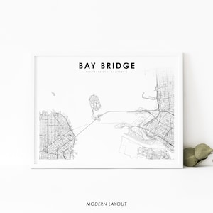 Bay Bridge San Francisco CA Mapa Impresión, California EE.UU. Mapa Arte Cartel, Impresión de mapa de carreteras de la calle de la ciudad, Decoración de la oficina de la pared de la guardería, Imprimible