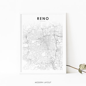 Reno NV Map Print, Nevada USA Map Art Poster, Washoe Sparks, City Street Road Map Print, Nursery Room Wall Office Decor, Carte imprimable