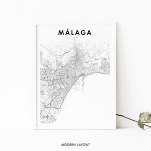 Impressão de mapa de Málaga Espanha, pôster de arte de mapa de Málaga, impressão de mapa de estrada de rua da cidade, decoração de escritório de parede de berçário, mapa imprimível