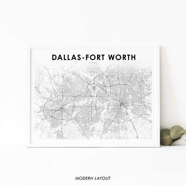 Dallas-Fort Worth TX Map Print, DFW Texas USA Map Art Poster, City Street Road Map Print, Nursery Room Wall Office Decor, Printable Map