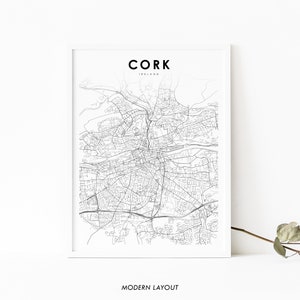 Impresión de mapas de Cork Irlanda, cartel de arte de mapas, Corcaigh Munster, impresión de mapas de carreteras de la calle de la ciudad, decoración de la oficina de la pared de la guardería, mapa imprimible