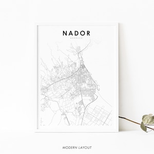 Impressão de mapa de Nador Marrocos, pôster de arte de mapa de Ennaḍor Rif, impressão de mapa de estrada de rua da cidade, decoração de escritório de parede de quarto de berçário, mapa imprimível
