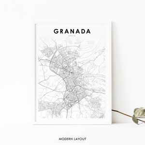 Granada Spanje kaart afdrukken, kaart kunst poster, Andalusië, stad straat routekaart afdrukken, kinderkamer muur kantoor decor, afdrukbare kaart