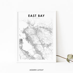 Stampa della mappa di East Bay CA, poster artistico della mappa della California USA, zona della baia, stampa della mappa stradale della città, decorazione dell'ufficio della parete della stanza della scuola materna, mappa stampabile