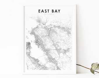 Impresión de mapas de East Bay CA, cartel de arte de mapas de California EE. UU., Área de la Bahía, Impresión de mapas de calles de City Road, Decoración de oficina de pared de sala de guardería, Mapa imprimible
