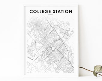 College Station TX Map Print, Texas USA Texas A&M Map Art Poster, City Street Road Map Print, Nursery Room Wall Office Decor, Printable Map