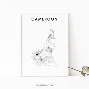 May include: A black and white line art map of Cameroon with the word "CAMEROON" in black text at the top of the image and the words "MODERN LAYOUT" in black text at the bottom of the image.