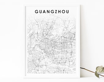 May include: A black and white map print of Guangzhou, China. The map shows the city's streets and waterways. The title "Guangzhou, China" is printed at the top of the map. The words "Modern Layout" are printed at the bottom of the map.