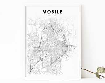 Mobile AL Map Print, Alabama USA Map Art Poster, City Street Road Map Print, Nursery Room Wall Office Decor, Printable Map