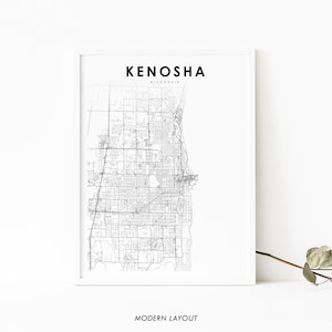 Kenosha WI Karte Print, Wisconsin USA Karte Kunst Poster, Lake Michigan, City Street Road Map Print, Kinderzimmer Wand Büro Dekor, druckbare Karte