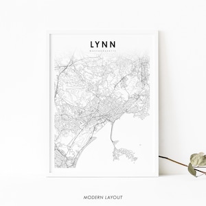Lynn MA Map Print, Massachusetts USA Map Art Poster, Essex County, City Street Road Map Print, Nursery Room Office Wall Decor, Printable Map