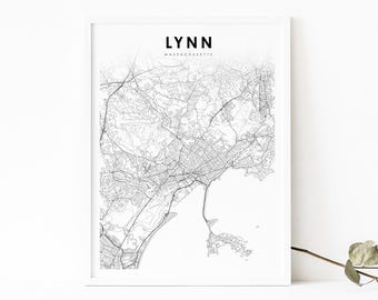 Lynn MA Map Print, Massachusetts USA Map Art Poster, Essex County, City Street Road Map Print, Nursery Room Office Wall Decor, Printable Map