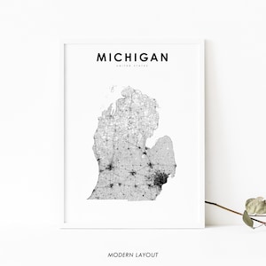 Michigan Map Print, Lower Peninsula State Road Map Print, MI USA United States Map Art Poster, Nursery Room Wall Office Decor, Printable Map