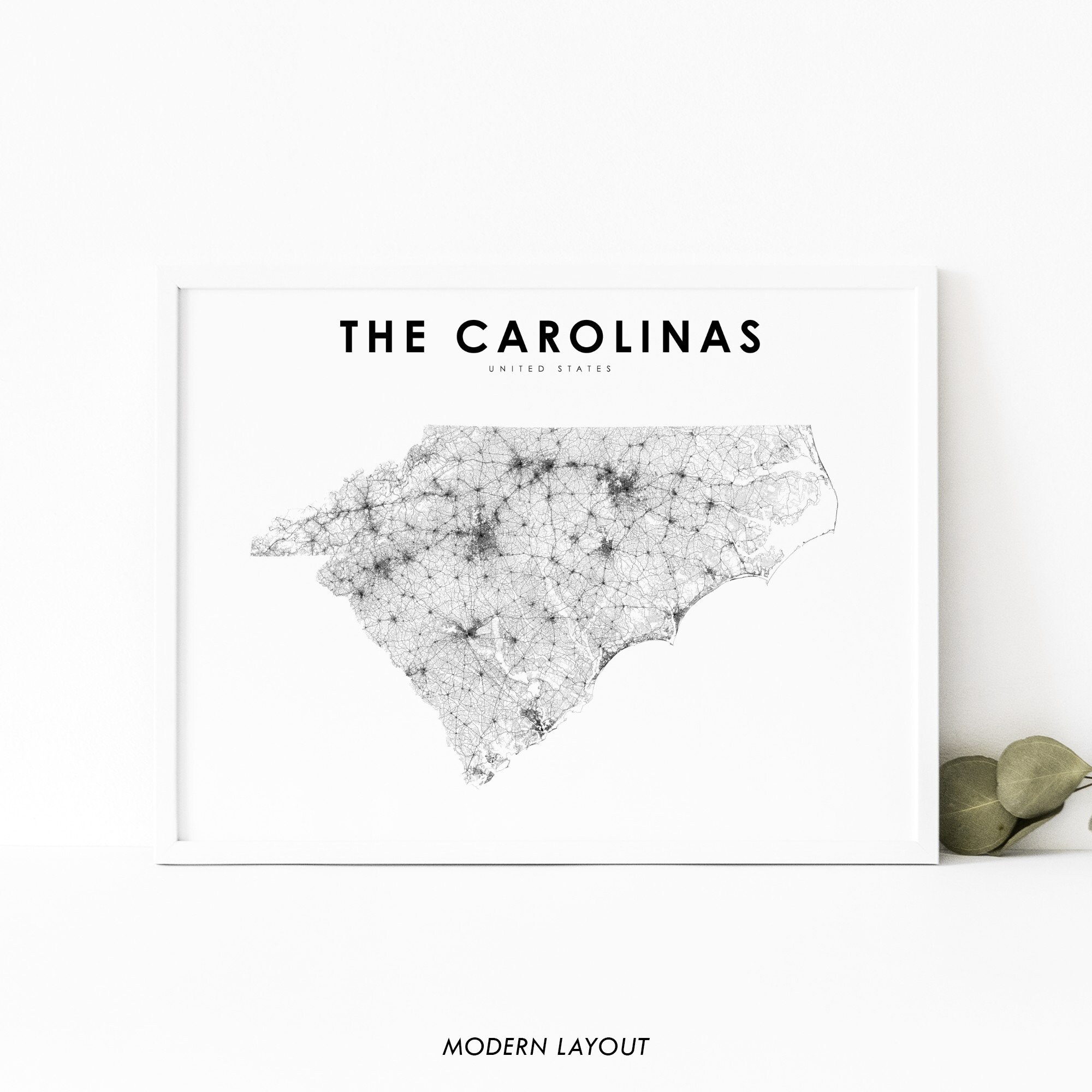 Stampa della mappa Carolinas, stampa della mappa stradale dello stato, Poster artistico della mappa degli Stati Uniti NC SC USA, decorazione della parete dell'ufficio della stanza della scuola materna, stampabile minimalista