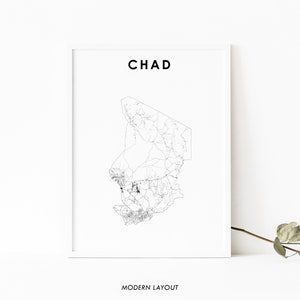 Chad Map Print, Country Road Map Poster, Country Map Art, تشاد Tchad Tshād N&#39;Djamena Africa, Nursery Room Wall Office Decor, Printable Map