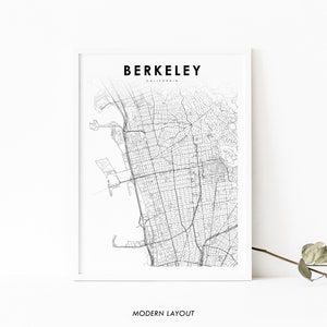 Może przedstawiać: Czarno-biały wydruk mapy Berkeley w Kalifornii. Mapa przedstawia ulice i punkty orientacyjne miasta. Tekst "BERKELEY" i "CALIFORNIA" jest wydrukowany u góry mapy. Tekst "MODERN LAYOUT" jest wydrukowany u dołu mapy.