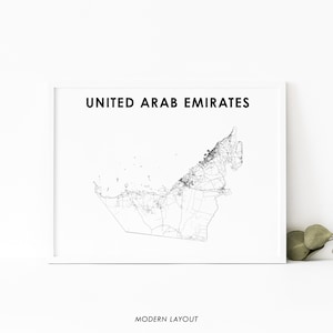 VAE kaart afdrukken, land routekaart poster, Verenigde Arabische Emiraten kaart kunst, Dubai Abu Dhabi, kinderkamer muur kantoor decor, afdrukbare kaart