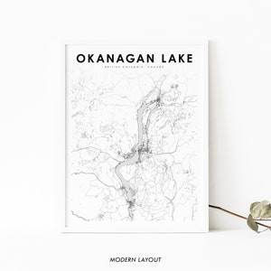 Okanagan Lake BC Canada kaart afdrukken, British Columbia kaart Art Poster, routekaart afdrukken, kinderkamer muur Office Decor, afdrukbare kaart