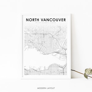 Impresión de mapas de North Vancouver BC, cartel de arte de mapas de Columbia Británica de Canadá, impresión de mapas de calles de la ciudad, decoración de la oficina de la pared de la guardería, mapa imprimible