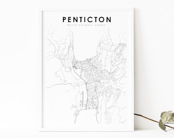 Impresión de mapas de Penticton BC Canadá, cartel de arte de mapas de Columbia Británica, impresión de mapas de carreteras de la calle de la ciudad, decoración de la oficina de la pared de la guardería, mapa imprimible