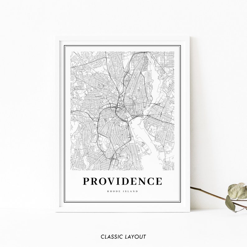 May include: A black and white map print of Providence, Rhode Island. The map shows the city streets and waterways. The city name and state are printed below the map.