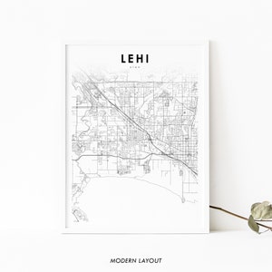 May include: A black and white map of Lehi, Utah, with a modern layout. The map shows the city's streets and roads.
