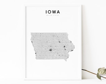 Iowa Karte Print, State Road Map Print, IA USA USA Karte Kunst Poster, Kinderzimmer Wand Büro Dekor, druckbare Karte