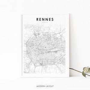 Impressão de mapa de Rennes França, pôster de arte de mapa, impressão de mapa de estradas da cidade de Roazhon Brittany Bretagne, decoração de escritório de parede de quarto de berçário, mapa para impressão