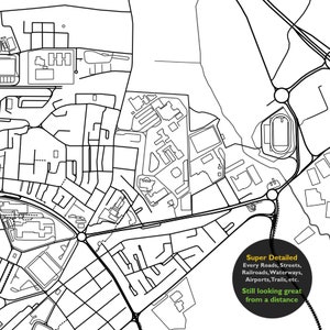 May include: A black and white line drawing of a city map. The map shows streets, roads, and buildings. The text "Super Detailed" and "Every Roads, Streets, Railroads, Waterways, Airports, Trails, etc." and "Still looking great from a distance" is included in the image.