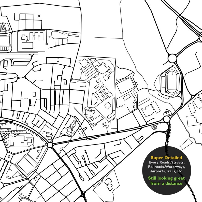 May include: A black and white line drawing of a city map. The map shows streets, roads, and buildings. The text "Super Detailed" and "Every Roads, Streets, Railroads, Waterways, Airports, Trails, etc." and "Still looking great from a distance" is included in the image.