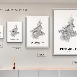 May include: A set of four black and white framed prints of a map of Piedmont, Italy. The prints are shown in different sizes: 8x10 inches, 12x16 inches, 18x24 inches, and 24x36 inches.