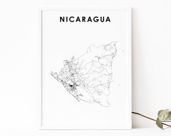 Nicaragua Map Print, Road Map Art Poster, Central America Caribbean Managua Map Art, Nursery Room Wall Office Decor, Printable Map