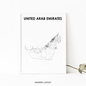 VAE kaart afdrukken, land routekaart poster, Verenigde Arabische Emiraten kaart kunst, Dubai Abu Dhabi, kinderkamer muur kantoor decor, afdrukbare kaart