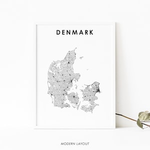 Denemarken kaart afdrukken, land routekaart kunst poster, Kongeriget Danmark, Scandinavische kaart kunst, kinderkamer muur kantoor decor, afdrukbare kaart