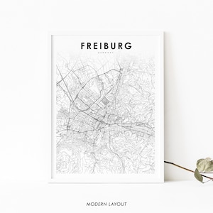 Impressão de mapa de Freiburg im Breisgau Alemanha, pôster de arte de mapa da Alemanha, impressão de mapa de estradas de ruas da cidade, decoração de escritório de parede de quarto de berçário, mapa para impressão