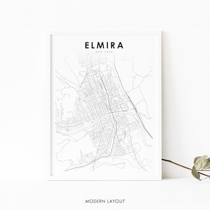 Elmira NY Karte Print, New York USA Karte Kunst Poster, Chemung County, Stadt Straße Road Map Print, Kinderzimmer Wand Büro Dekor, druckbare Karte