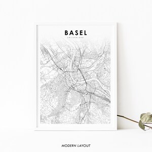 Peut inclure: Une carte en noir et blanc de Bâle, en Suisse, avec le nom de la ville et le texte "MODERN LAYOUT" en bas.