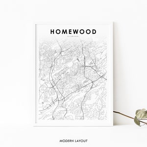 Homewood AL carte impression, Alabama USA carte Art affiche, Birmingham, ville rue route carte impression, pépinière chambre mur bureau Decor, carte imprimable