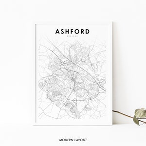 Ashford England Karte Druck, Vereinigtes Königreich UK Kent Karte Kunst Poster, Stadt Straße Straßen Karte Druck, Kinderzimmer Wand Büro Dekor, druckbare Karte